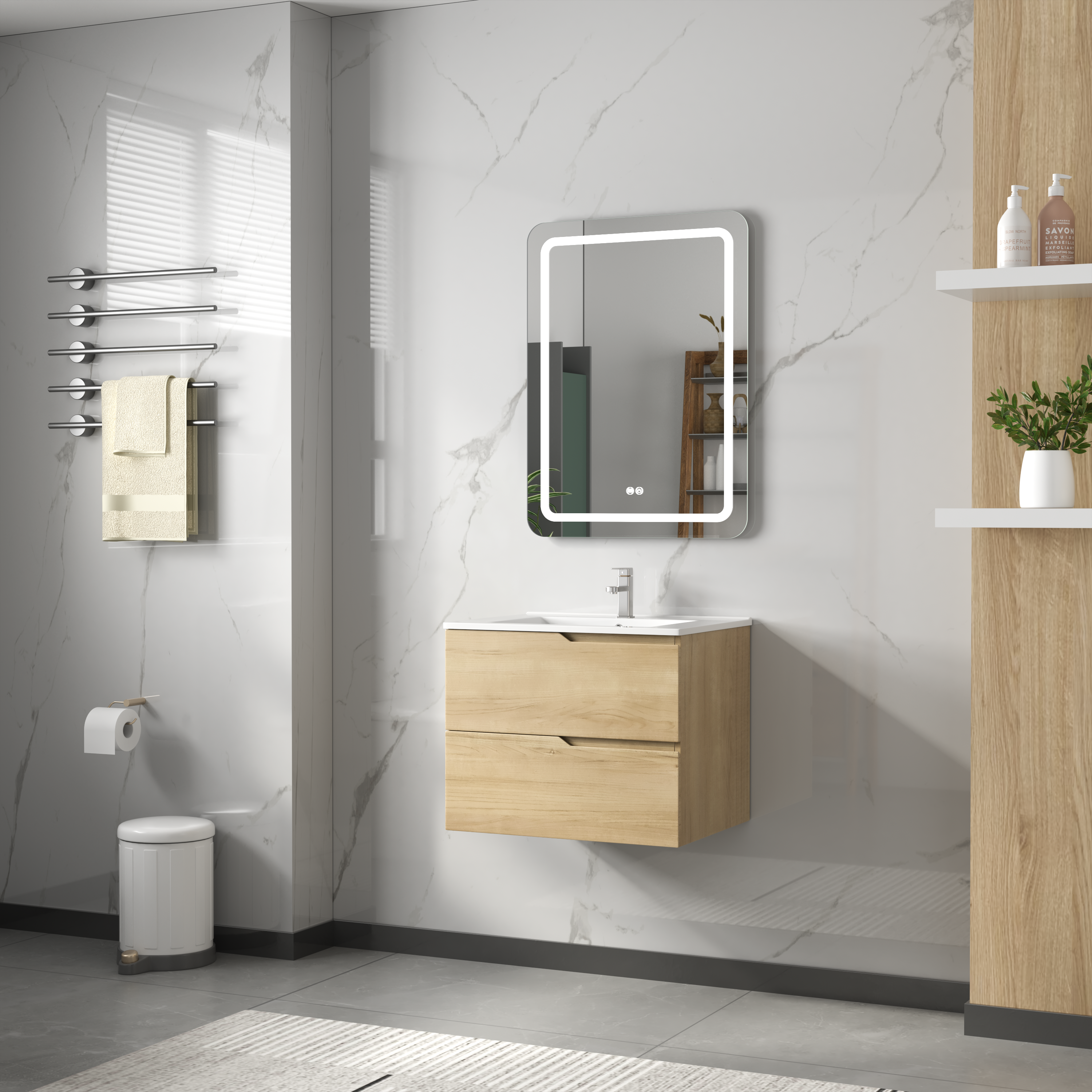 Baderomspakke 60 cm | LED-speil med antidugg og dimmer | MDF | Maya Baderomspakke 60 cm | LED-speil med antidugg og dimmer | MDF | Maya