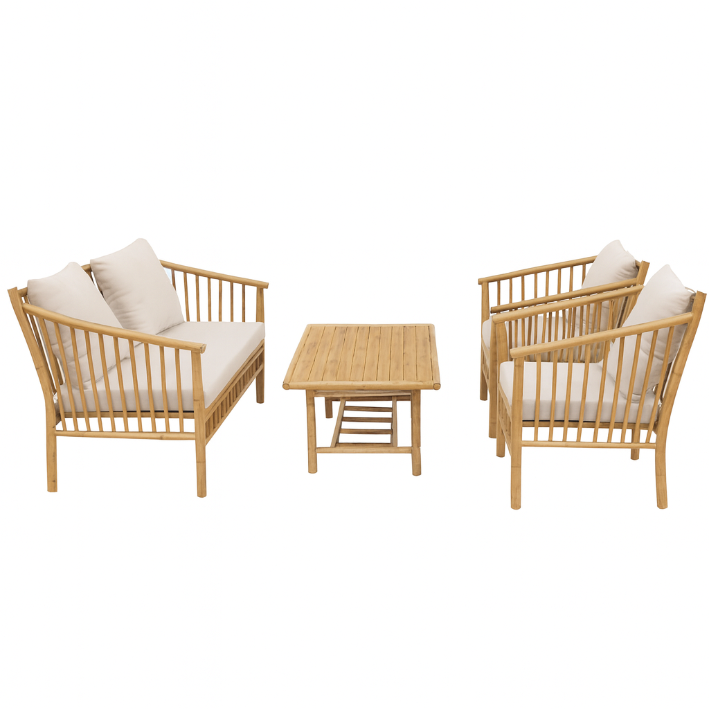 Bambus loungegruppe for utend�rs bruk | Sofa, 2 lenestoler og bord i naturmateriale