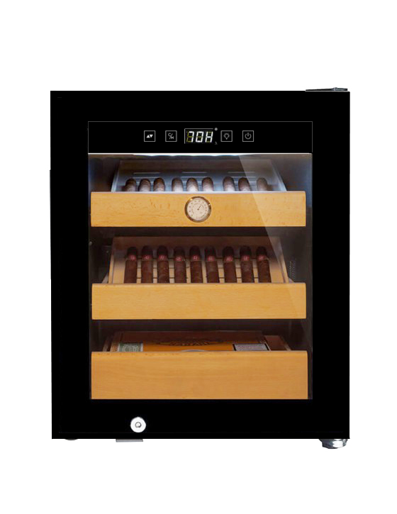 Sigarhumid�r 34 L | Premium elektrisk humid�r med kompressorkj�ling | 3 hyller i b�k & UV-beskyttet glassd�r