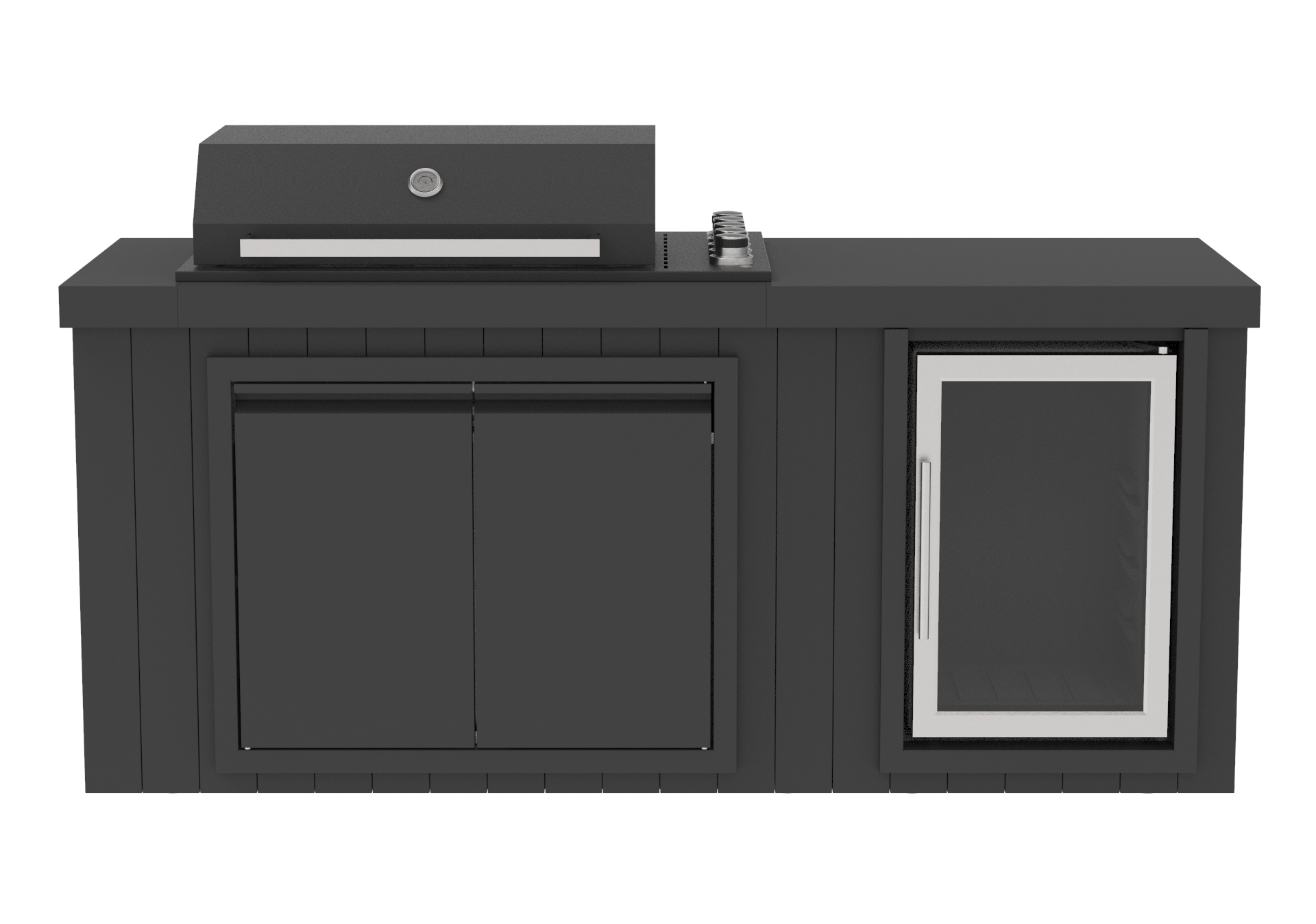 Utekj�kken med kj�leskap � Svart | Gassgrill i rustfritt st�l med keramisk benkeplate, infrar�d brenner | 4+1 brennere | Grillfl