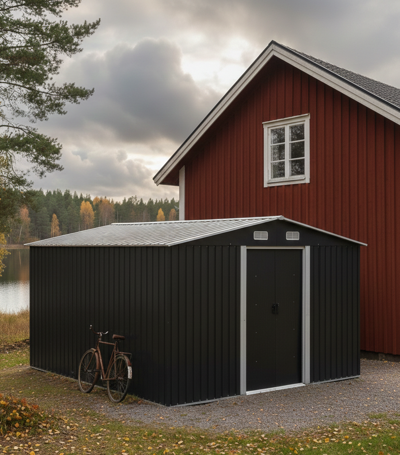 Lager og redskapsbod 12,5m� | Dobbel skyved�r | Base inkludert