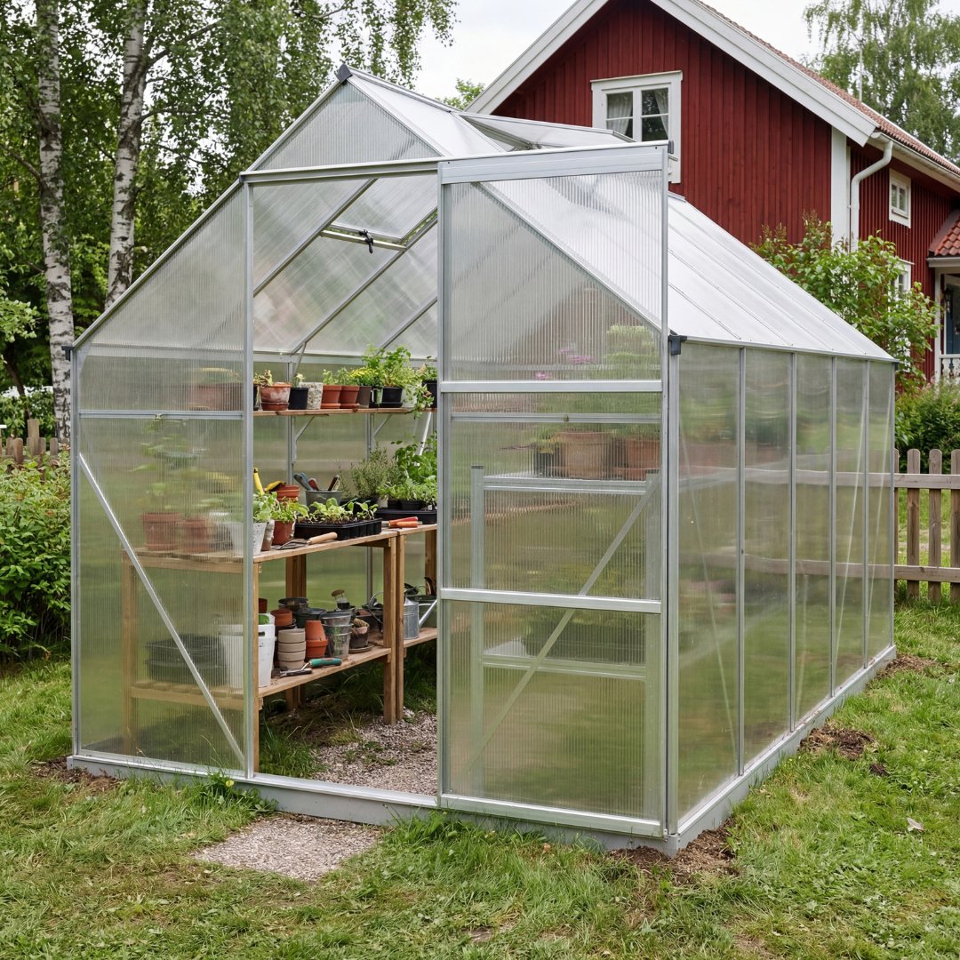 Klassisk drivhus i aluminium 5,9 m� | UV-beskyttet kanalplast og sokkel inkludert