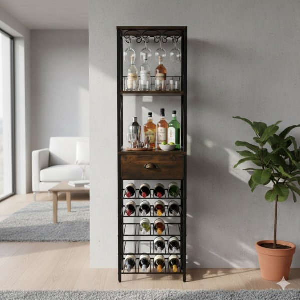 Svart vinreol i metall | 40x30x148 cm | Stilren og holdbar oppbevaring for vinflasker