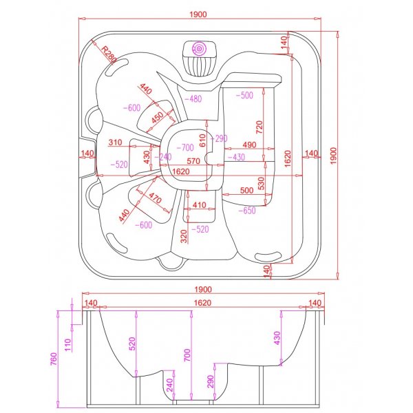 Spabad 190x190 cm for 4�6 personer | Zeus Blackline med Balboa� og Lucite�