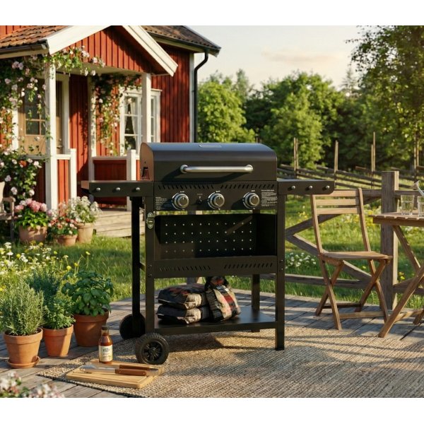 Gassgrill i st�l med termometer og varmehylle | Svart | Oklahoma