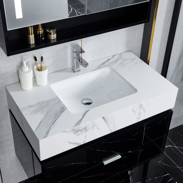 Baderomsm�bler 90cm | LED speilskap | Marmorert benkeplate | Svart