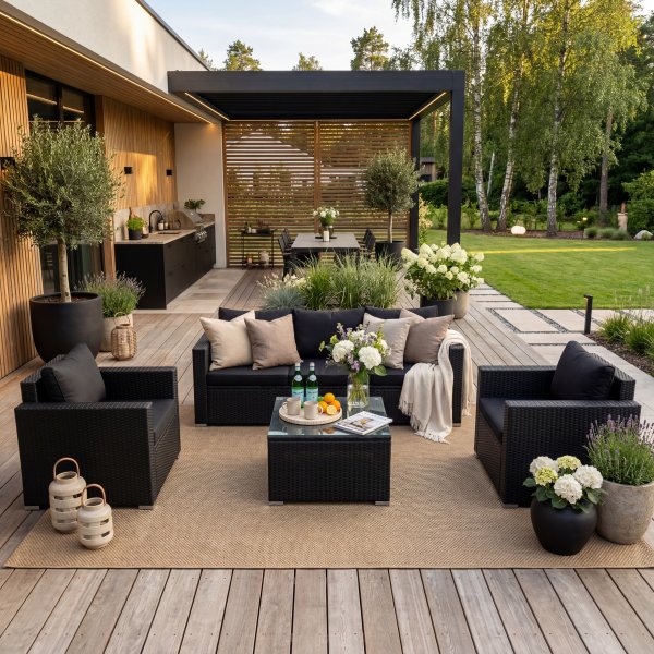 Sofagruppe utem�bler | Innebygd oppbevaring | Gr� kunstrotting | Sann�s