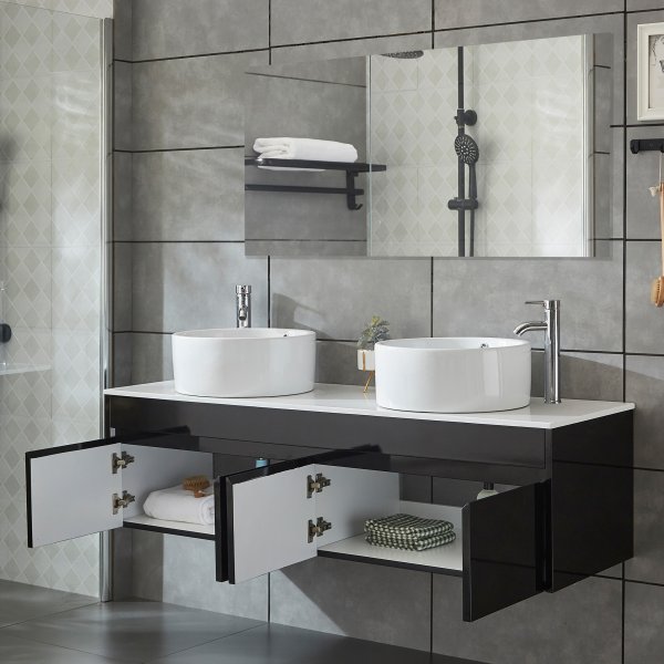 Baderomspakke 150cm | Kommode med dobbel vask og speil | Svart