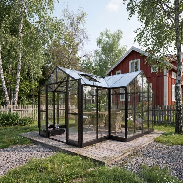 T-formet drivhus 12,4 m� | 4 mm sikkerhetsglass og 6 mm kanalplast