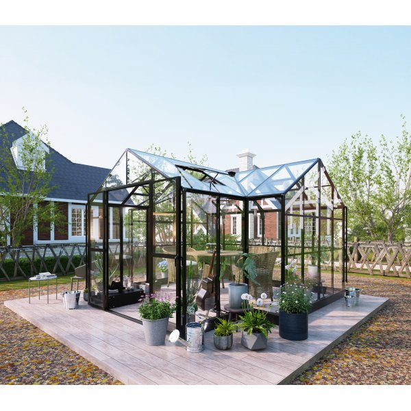 T-formet drivhus 12,4 m� | 4 mm sikkerhetsglass og 6 mm kanalplast