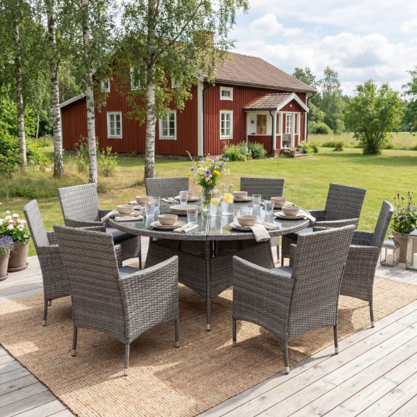 Matgruppe 8 personer | Rundt bord Ø170 cm | 8 stoler med puter | Tylösand grå kunstrotting Matgruppe 8 personer | Rundt bord Ø170 cm | 8 stoler med puter | Tylösand grå kunstrotting