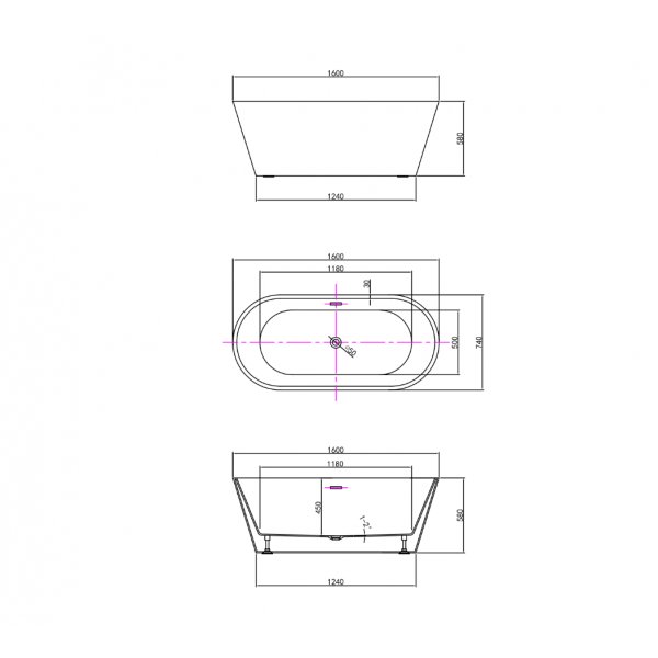 Frittst�ende badekar i hvit akryl 160 cm | Medea