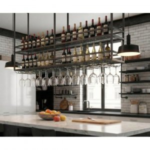 Takhengt vinhylle for kj�kken�y | Vin- og glassholder | 160 � 30 cm | Svart