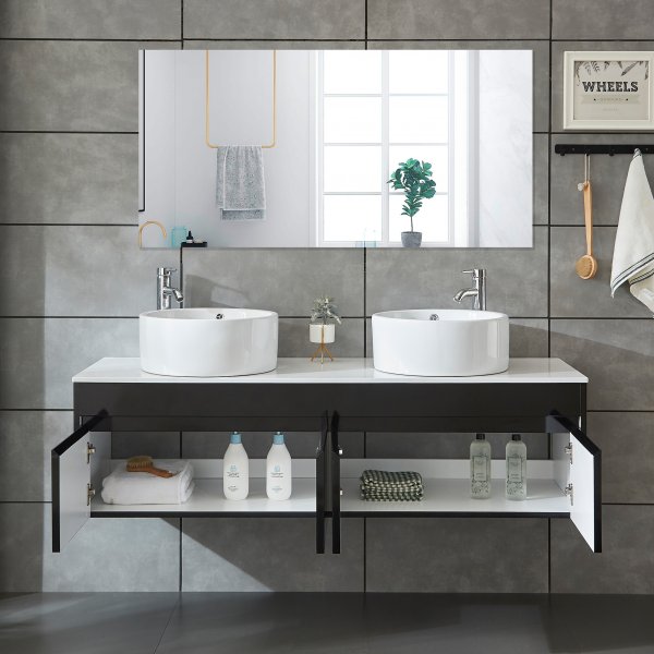 Baderomspakke 150cm | Kommode med dobbel vask og speil | Svart