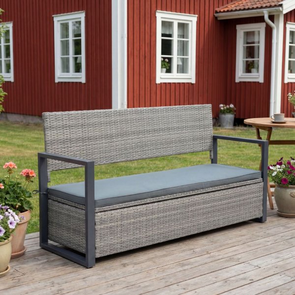 Hagebenk med oppbevaring | 165 cm | Kunstrotting grå | Puter inkludert | Boxvik Hagebenk med oppbevaring | 165 cm | Kunstrotting grå | Puter inkludert | Boxvik