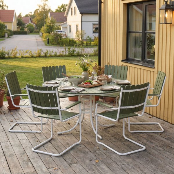 Rund hagem�belgruppe | 6 stoler | �135 cm bord | Gr�nn/hvit | Gl�nta