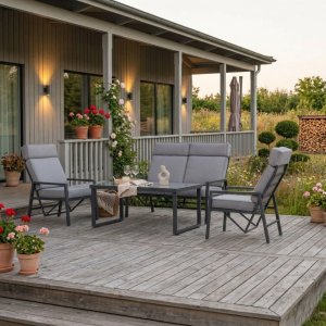 Loungesett i aluminium med recliner | Sofa | 2 stoler | Bord | Apelviken