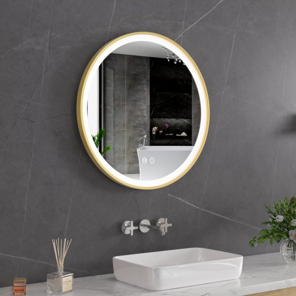 Stilig LED-speil | 60x60 cm | Gull aluminiumsramme | Antidugg og ber�ringskontroll