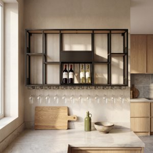 Vegghengt barhylle i svart metall | Oppbevaring for vin, glass og flasker | 150 � 120 cm