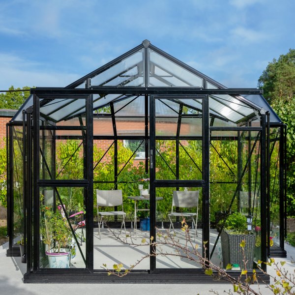 T-formet drivhus i glass 12,8m² | 4mm sikkerhetsglass | 5 års stormgaranti T-formet drivhus i glass 12,8m² | 4mm sikkerhetsglass | 5 års stormgaranti