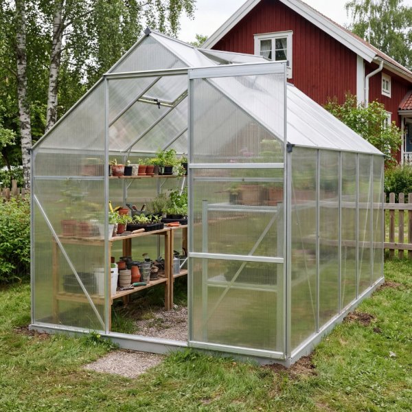 Klassisk drivhus i aluminium 5,9 m� | UV-beskyttet kanalplast og sokkel inkludert