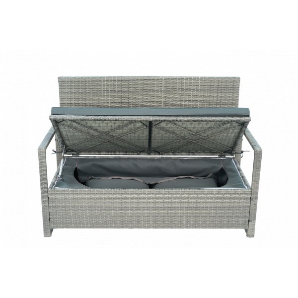 Hagebenk med oppbevaring | 129 cm | Kunstrotting grå | Puter inkludert | Boxvik Hagebenk med oppbevaring | 129 cm | Kunstrotting grå | Puter inkludert | Boxvik