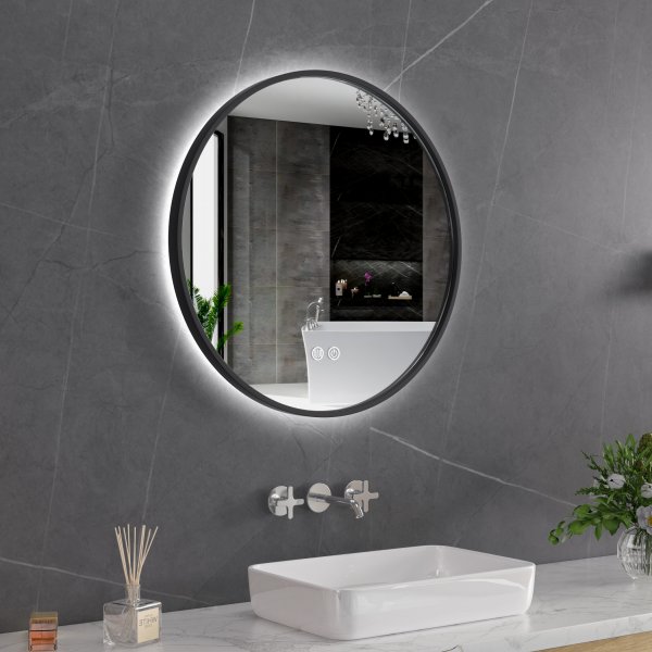 Rund baderomsspeil 60 cm | Svart ram | LED-belysning | Anti-fog og touch-styring Rund baderomsspeil 60 cm | Svart ram | LED-belysning | Anti-fog og touch-styring