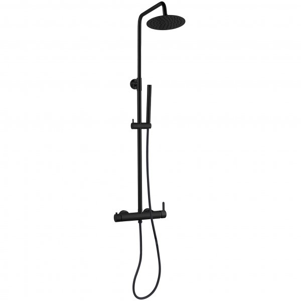 Svart dusjsett med takdusj og hånddusj i avrundet design Svart dusjsett med takdusj og hånddusj i avrundet design