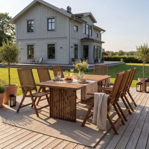 Matgruppe i eukalyptustre | Stor utem�bel med 8 posisjonsstoler | Sandviken