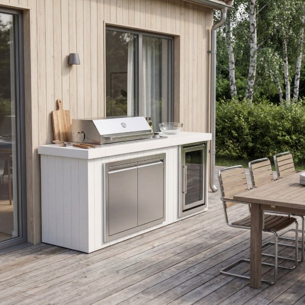 Utekjøkken med kjøleskap | Gassgrill i rustfritt stål med granittbenkeplate (4 brennere) | Hvit | Alaska Utekjøkken med kjøleskap | Gassgrill i rustfritt stål med granittbenkeplate (4 brennere) | Hvit | Alaska