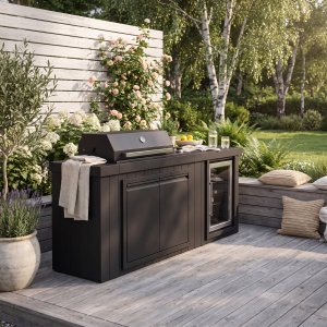 Utekj�kken med kj�leskap � Svart | Gassgrill i rustfritt st�l med keramisk benkeplate, infrar�d brenner | 4+1 brennere | Grillfl