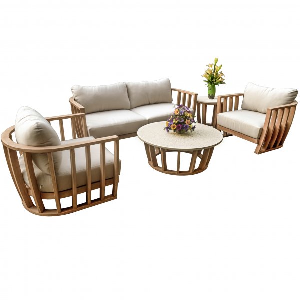 Loungegruppe i akasie og terrazzo | Hagem�bler med puter i lin | Lyfco Storvik | Natur