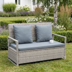 Hagebenk med oppbevaring | 129 cm | Kunstrotting grå | Puter inkludert | Boxvik Hagebenk med oppbevaring | 129 cm | Kunstrotting grå | Puter inkludert | Boxvik