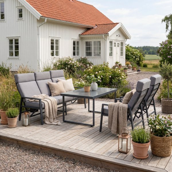 Loungesett i aluminium med recliner | Sofa | 2 stoler | Bord | Apelviken Loungesett i aluminium med recliner | Sofa | 2 stoler | Bord | Apelviken