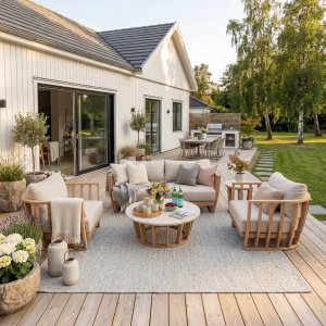 Loungegruppe i akasie og terrazzo | Hagemøbler med puter i lin | Lyfco Storvik | Natur Loungegruppe i akasie og terrazzo | Hagemøbler med puter i lin | Lyfco Storvik | Natur