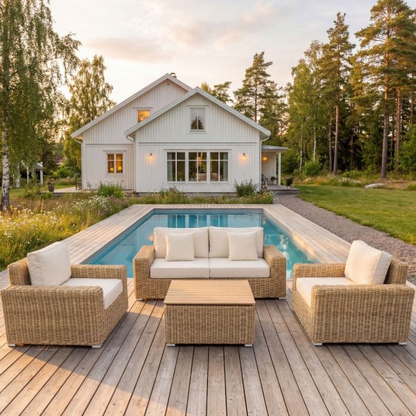 Loungegruppe i rotting � sofa, lenestoler og bord | Puter inkludert | Solena Premium