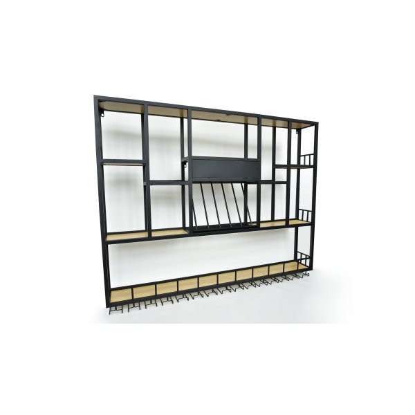 Vegghengt barhylle i svart metall | Oppbevaring for vin, glass og flasker | 150 � 120 cm