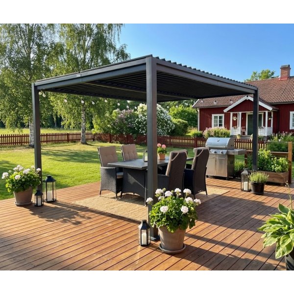 Pergola i galvanisert st�l 4x3 m | Lamelltak, gr�, uteplass og hage