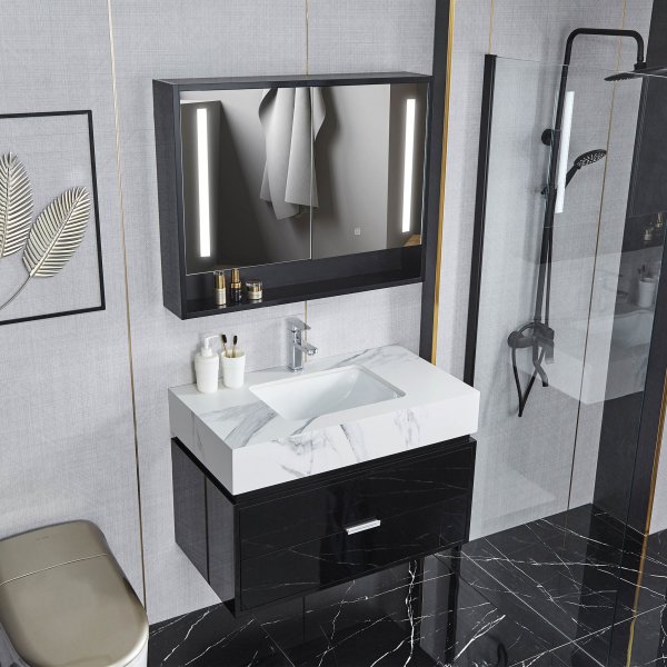 Baderomsm�bler 90cm | LED speilskap | Marmorert benkeplate | Svart